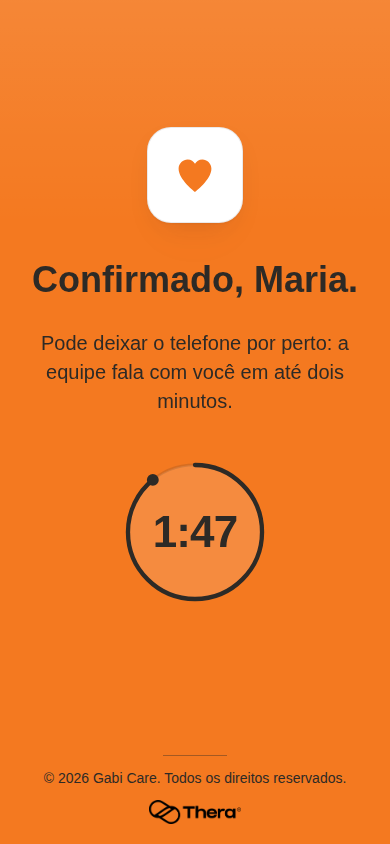 Tela do app Gabi com a confirmação final, Confirmado, Maria, e um cronômetro do contato em até dois minutos.