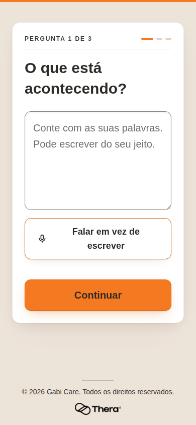 Tela do app Gabi com a pergunta 1 de 3: O que está acontecendo? Campo para escrever com as próprias palavras e botão para falar em vez de escrever.