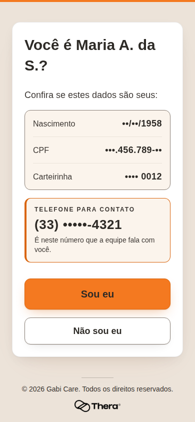 Tela do app Gabi de confirmação de identidade e do telefone de contato em destaque, com o botão Sou eu.
